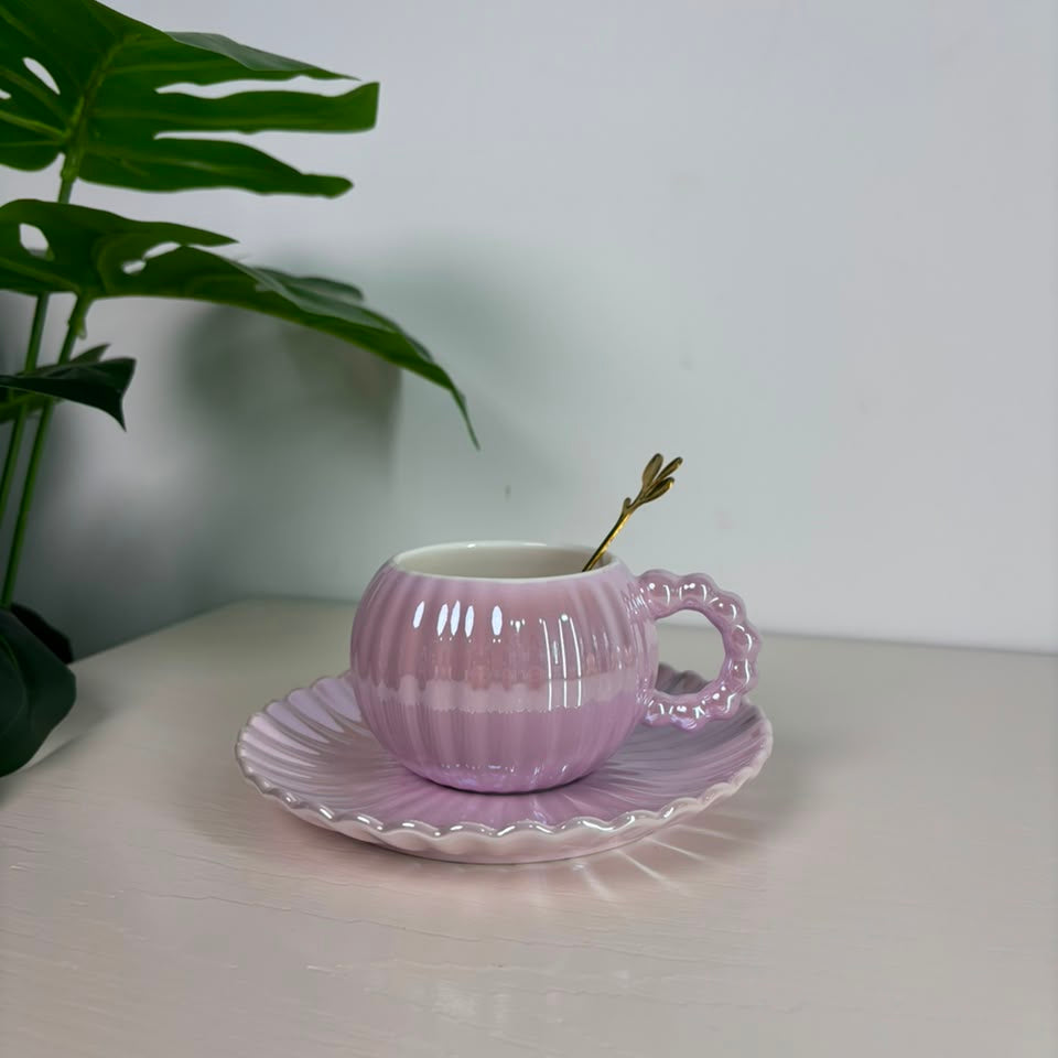 Ribbed purple & yellow ceramic teacup