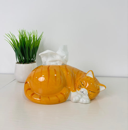 Ceramic orange Tabby cat Tissue box